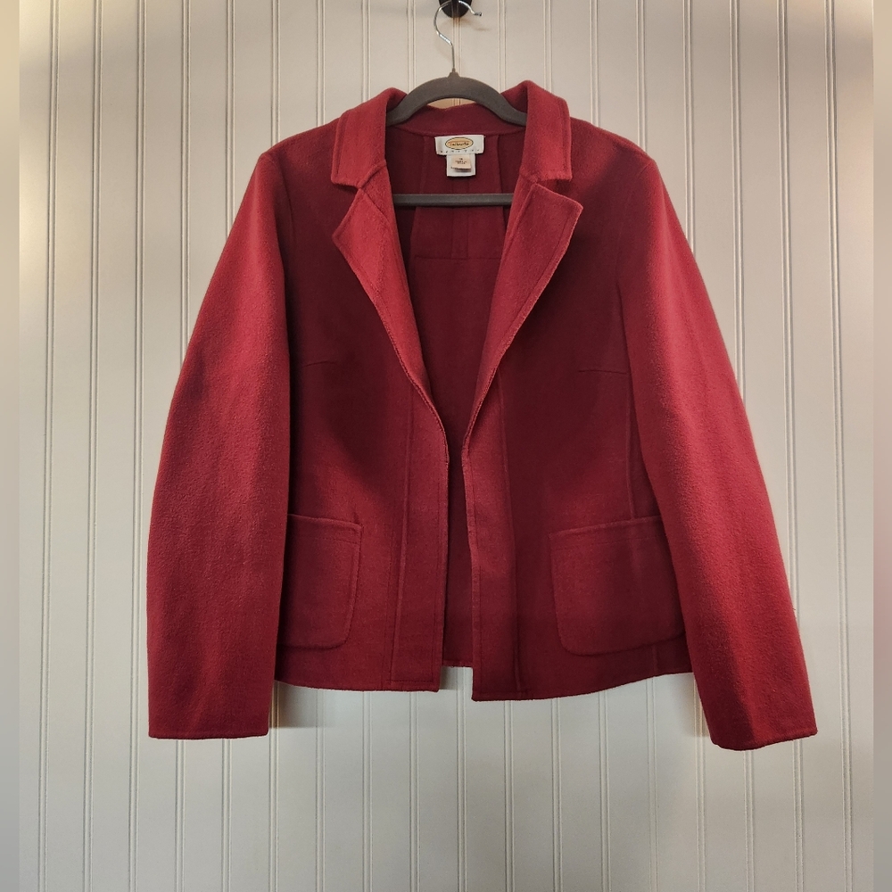 Vintage 1990s Talbots Women Hot‎ Pink 100% Wool Fleece Knit Open Blazer Size 12P